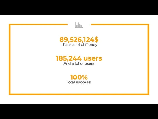 89,526,124$ That’s a lot of money 100% Total success! 185,244 users And a lot of users