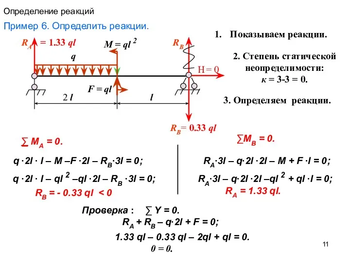 Определение реакций Пример 6. Определить реакции. F = ql q M