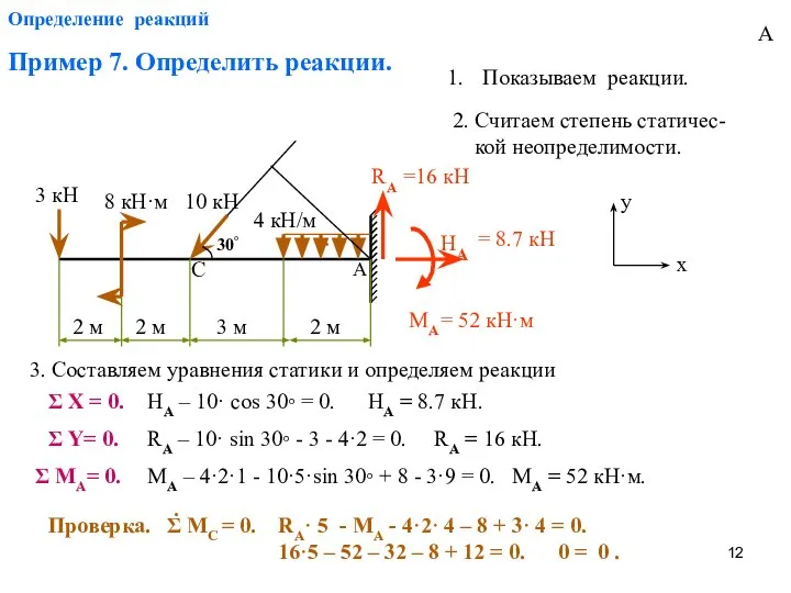 Определение реакций Пример 7. Определить реакции. 2 м 2 м 3