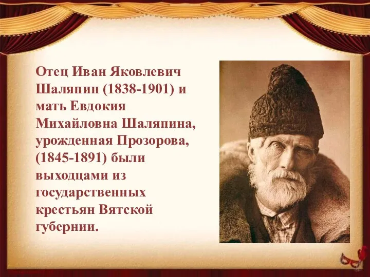 Отец Иван Яковлевич Шаляпин (1838-1901) и мать Евдокия Михайловна Шаляпина, урожденная