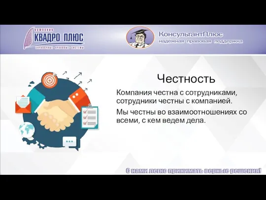 Честность Компания честна с сотрудниками, сотрудники честны с компанией. Мы честны