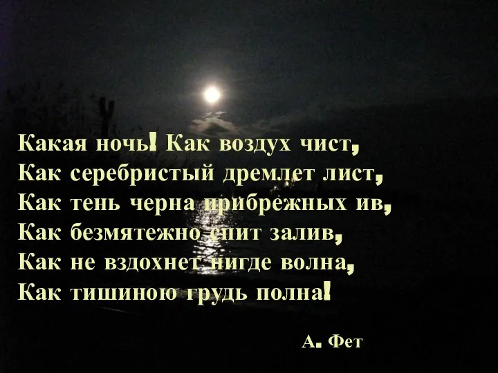 Какая ночь! Как воздух чист, Как серебристый дремлет лист, Как тень