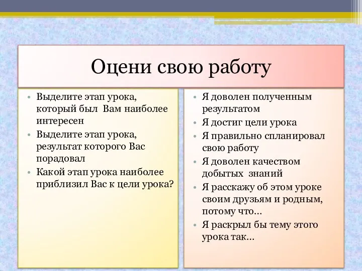 Оцени свою работу Выделите этап урока, который был Вам наиболее интересен