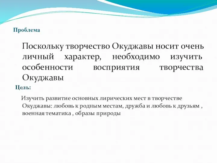 Проблема Поскольку творчество Окуджавы носит очень личный характер, необходимо изучить особенности