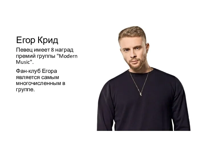 Егор Крид Певец имеет 8 наград премий группы "Modern Music". Фан-клуб