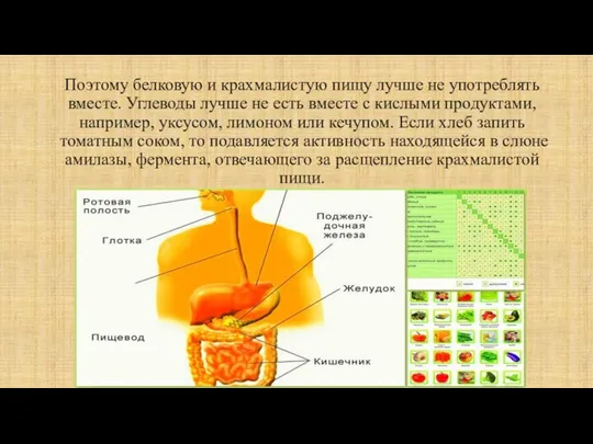 Поэтому белковую и крахмалистую пищу лучше не употреблять вместе. Углеводы лучше