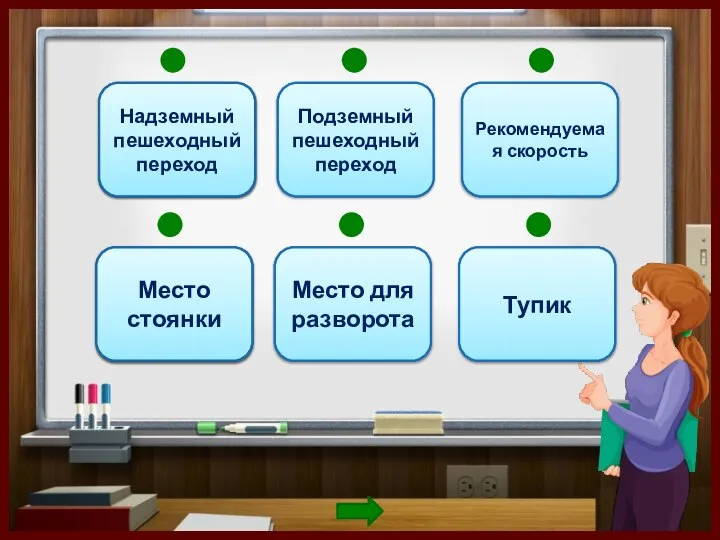 Надземный пешеходный переход Подземный пешеходный переход Рекомендуемая скорость Место стоянки Место для разворота Тупик