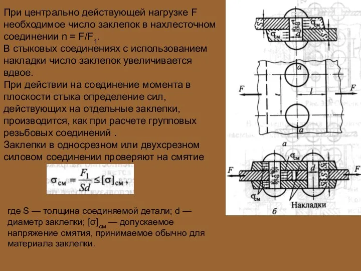 При центрально действующей нагрузке F необходимое число заклепок в нахлесточном соединении