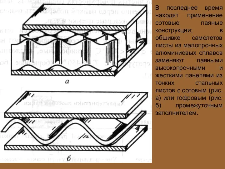 В последнее время находят применение сотовые паяные конструкции; в обшивке самолетов