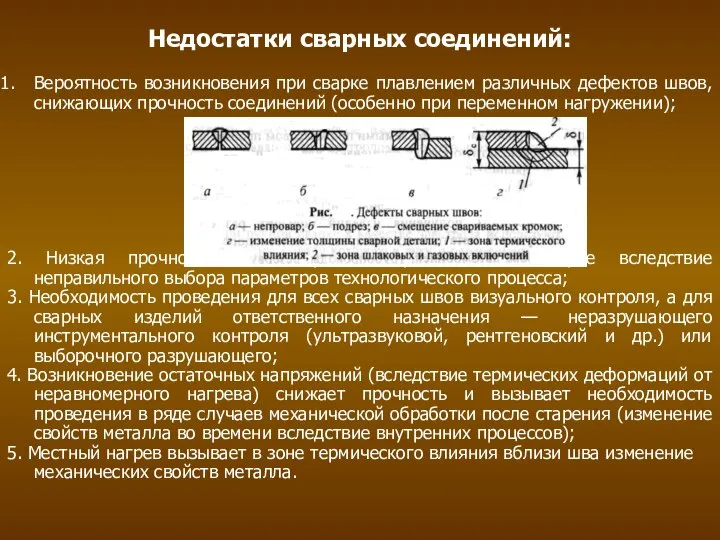 Недостатки сварных соединений: Вероятность возникновения при сварке плавлением различных дефектов швов,