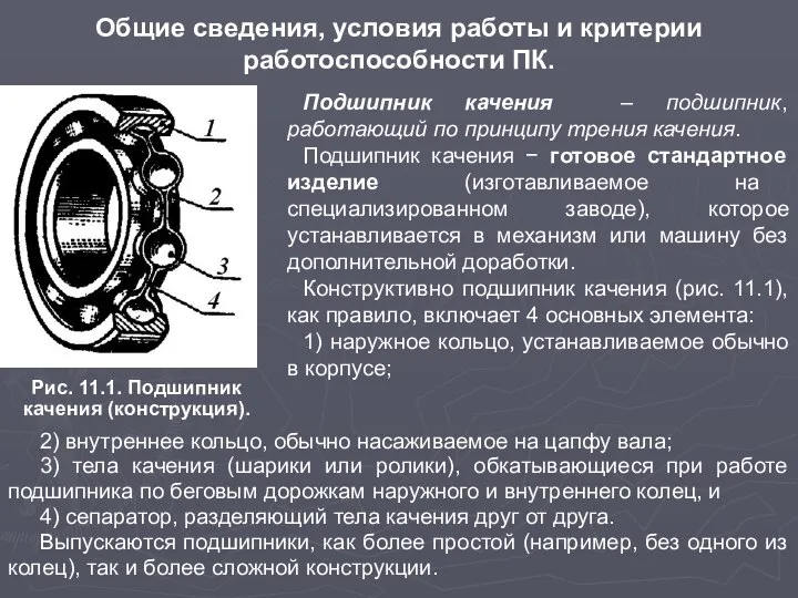 Общие сведения, условия работы и критерии работоспособности ПК. Подшипник качения –