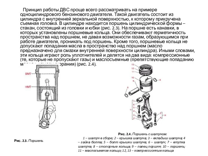 Принцип работы ДВС проще всего рассматривать на примере одноцилиндрового бензинового двигателя.