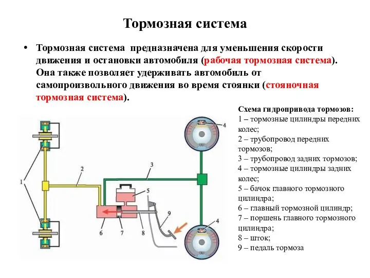 Тормозная система Тормозная система предназначена для уменьшения скорости движения и остановки