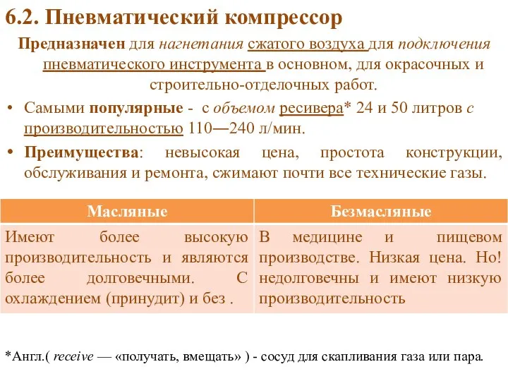 6.2. Пневматический компрессор Предназначен для нагнетания сжатого воздуха для подключения пневматического