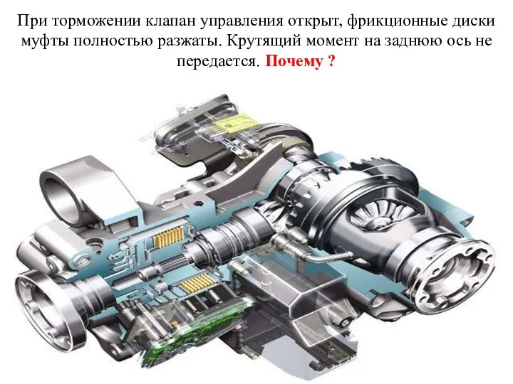 При торможении клапан управления открыт, фрикционные диски муфты полностью разжаты. Крутящий