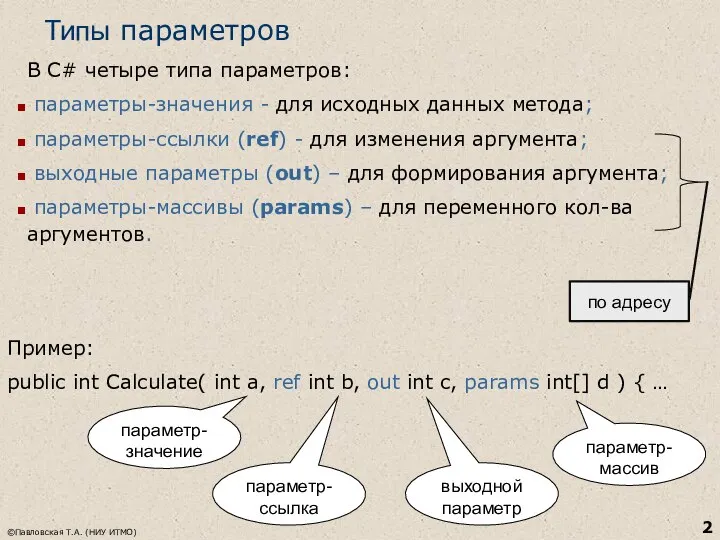 ©Павловская Т.А. (НИУ ИТМО) Типы параметров В С# четыре типа параметров:
