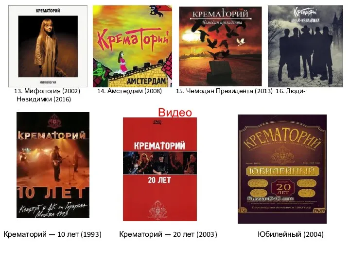 13. Мифология (2002) 14. Амстердам (2008) 15. Чемодан Президента (2013) 16.