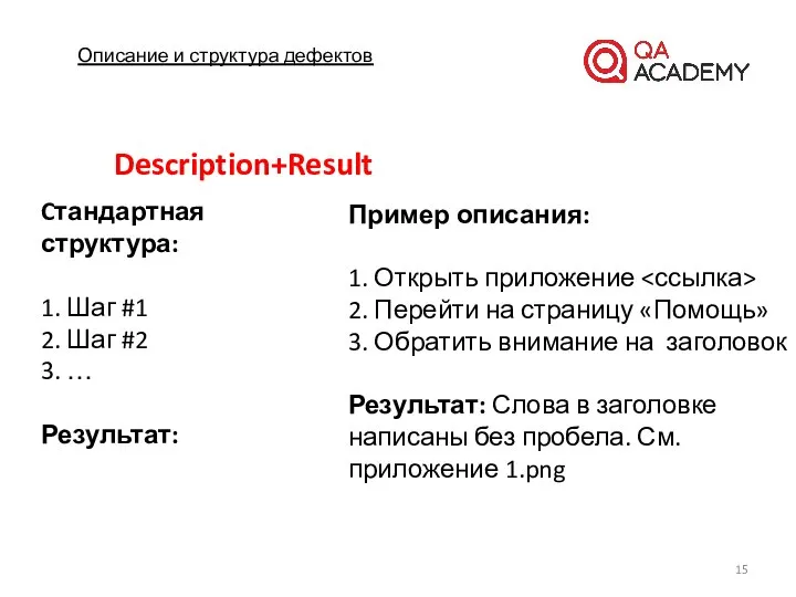 Описание и структура дефектов Description+Result Cтандартная структура: 1. Шаг #1 2.