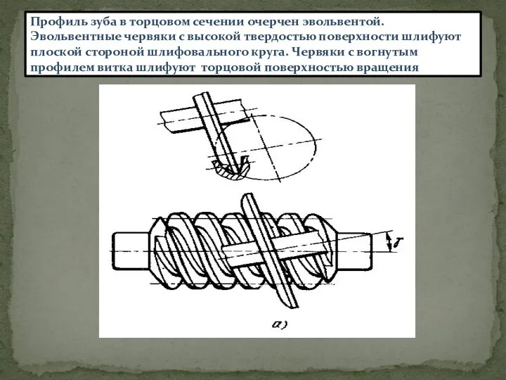 Профиль зуба в торцовом сечении очерчен эвольвентой. Эвольвентные червяки с высокой