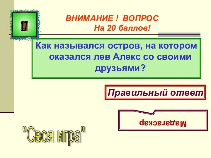 Как назывался остров, на котором оказался лев Алекс со своими друзьями?