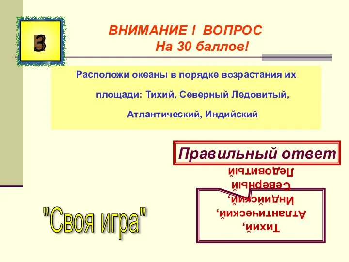 Расположи океаны в порядке возрастания их площади: Тихий, Северный Ледовитый, Атлантический,