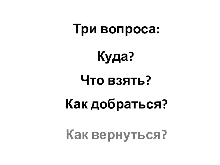 Три вопроса: Куда? Как добраться? Что взять? Как вернуться?