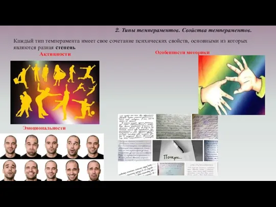 Каждый тип темперамента имеет свое сочетание психических свойств, основными из которых