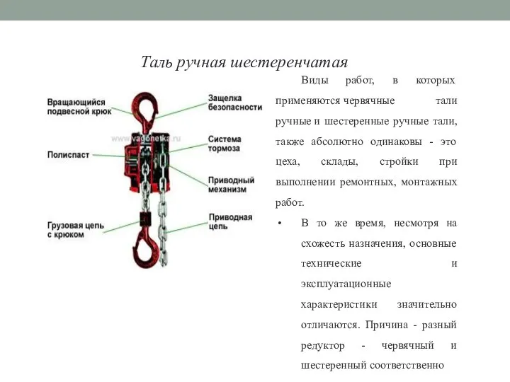 Таль ручная шестеренчатая Виды работ, в которых применяются червячные тали ручные