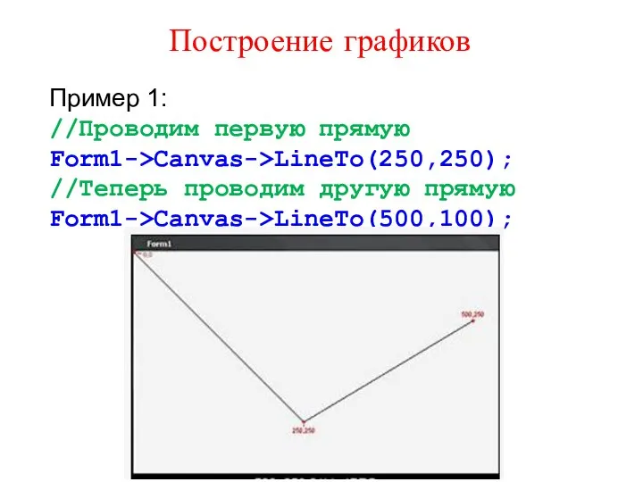 Построение графиков Пример 1: //Проводим первую прямую Form1->Canvas->LineTo(250,250); //Теперь проводим другую прямую Form1->Canvas->LineTo(500,100);