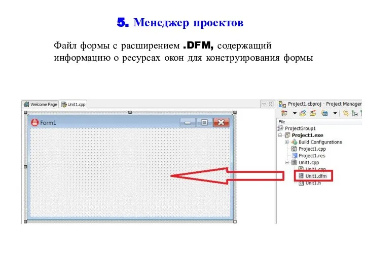 5. Менеджер проектов Файл формы с расширением .DFM, содержащий информацию о ресурсах окон для конструирования формы