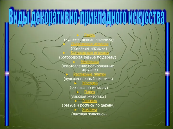 Виды декоративно-прикладного искусства Гжель (художественная керамика) Дымковская игрушка (глиняные игрушки) Богородская