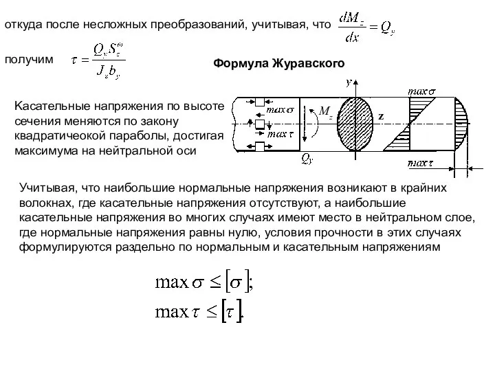 откуда после несложных преобразований, учитывая, что получим Формула Журавского Kасательные напряжения