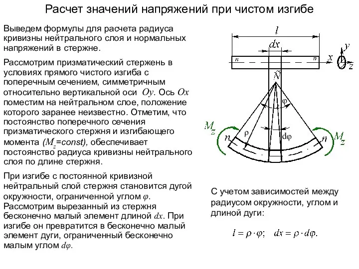 Выведем формулы для расчета радиуса кривизны нейтрального слоя и нормальных напряжений