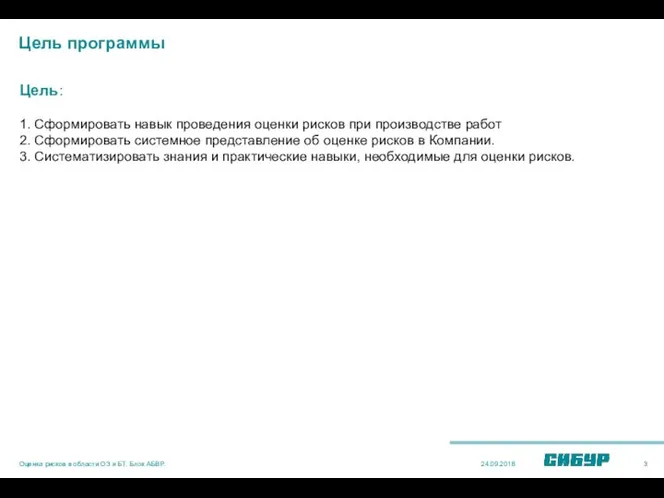 Цель программы 24.09.2018 Оценка рисков в области ОЗ и БТ. Блок