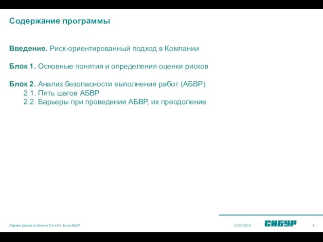 Содержание программы Введение. Риск-ориентированный подход в Компании Блок 1. Основные понятия