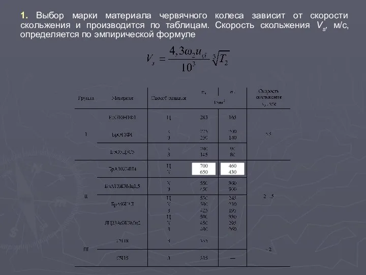 1. Выбор марки материала червячного колеса зависит от скорости скольжения и