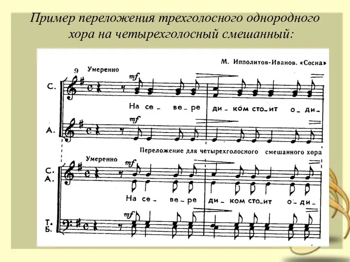 Пример переложения трехголосного однородного хора на четырехголосный смешанный: