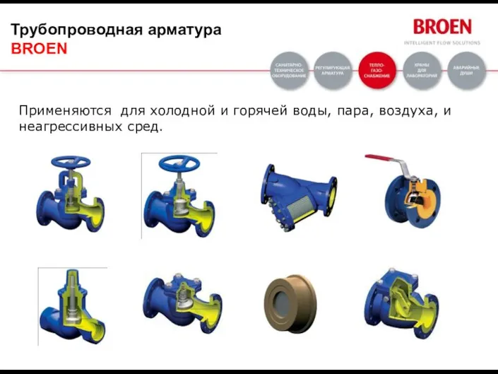 Трубопроводная арматура BROEN Применяются для холодной и горячей воды, пара, воздуха, и неагрессивных сред.