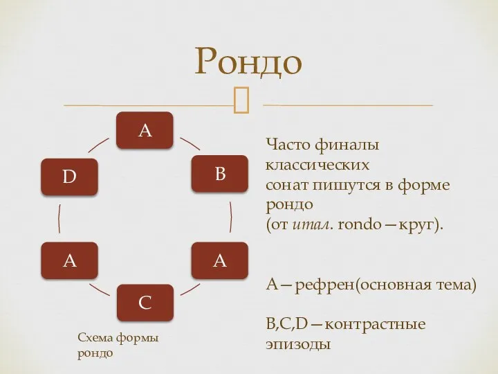 Рондо Часто финалы классических сонат пишутся в форме рондо (от итал.