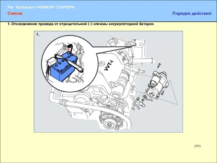 (1/1) 1. Отсоединение провода от отрицательной (–) клеммы аккумуляторной батареи. Снятие Порядок действий