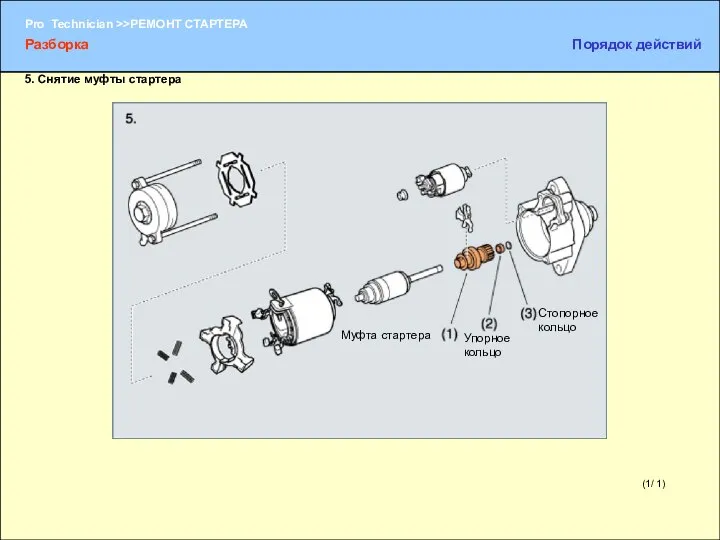 (1/ 1) 5. Снятие муфты стартера Муфта стартера Упорное кольцо Стопорное кольцо Разборка Порядок действий