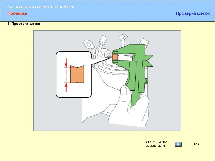 (1/1) ДЛЯ СПРАВКИ: Замена щетки Проверка Проверка щеток 1. Проверка щетки