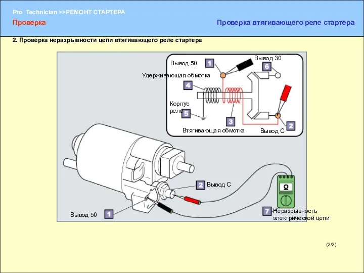 (2/2) 2. Проверка неразрывности цепи втягивающего реле стартера Вывод 50 Вывод