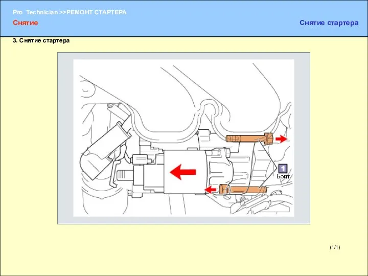 (1/1) 3. Снятие стартера Болт Снятие Снятие стартера