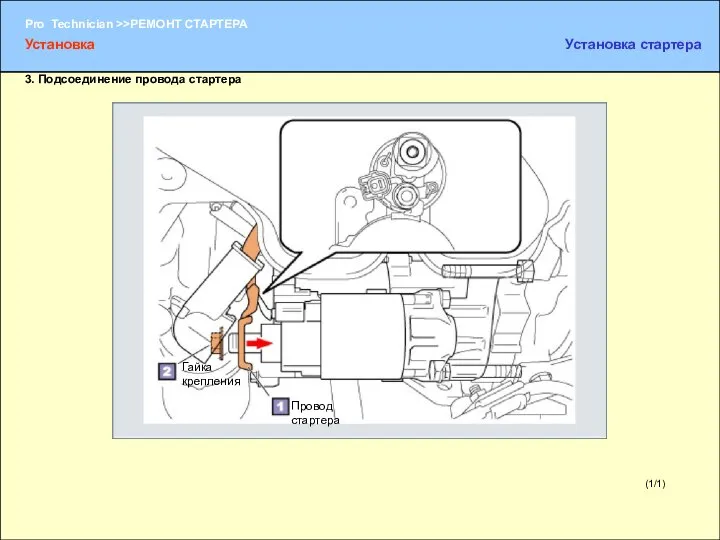 (1/1) 3. Подсоединение провода стартера Провод стартера Гайка крепления Установка Установка стартера