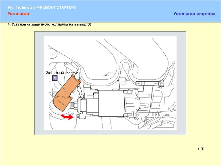 (1/1) 4. Установка защитного колпачка на вывод 30 Защитный колпачок Установка Установка стартера