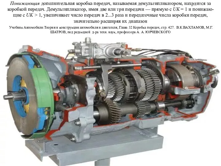 Понижающая дополнительная коробка передач, называемая демультипликатором, нахрдится за коробкой передач. Демультипликатор,