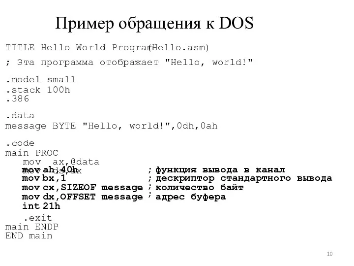 ; ; ; Пример обращения к DOS TITLE Hello World Program