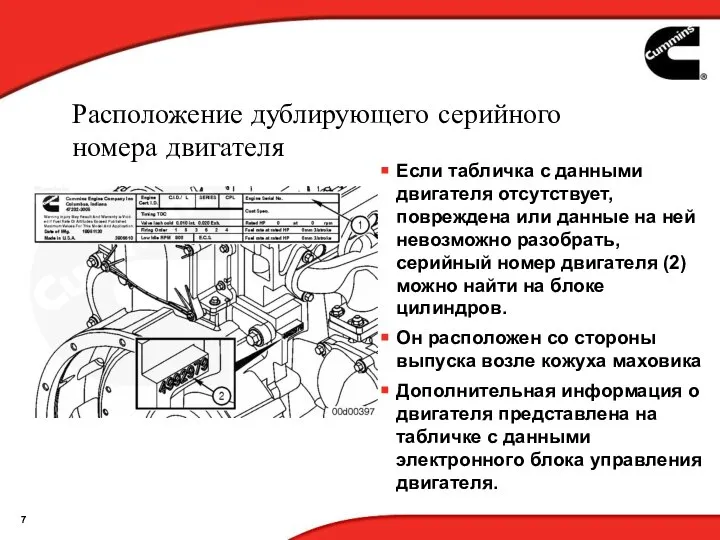 Расположение дублирующего серийного номера двигателя Если табличка с данными двигателя отсутствует,