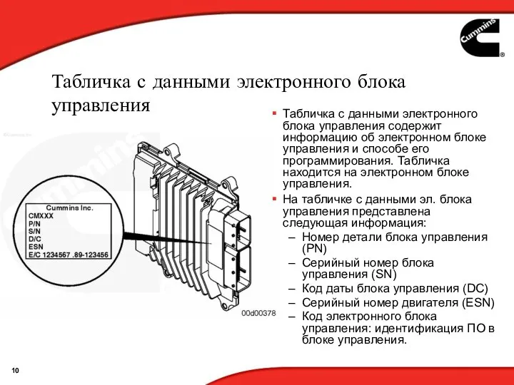 Табличка с данными электронного блока управления Табличка с данными электронного блока